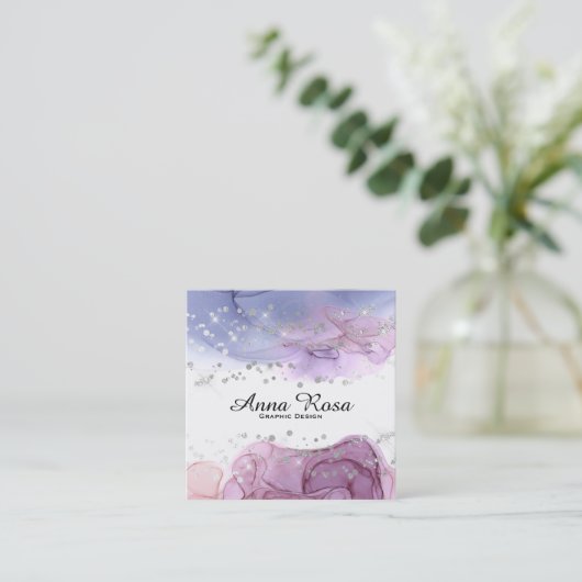 *~*の水彩画の抽象芸術の銀のグリッターの近代美術 スクエア名刺 (スタンド正面)