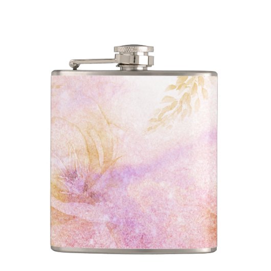 *~*の水彩画の花の金ゴールドのラベンダーのモモのグリッター フラスク (正面)