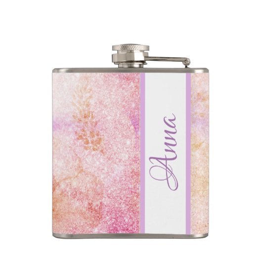 *~*の水彩画の花の金ゴールドのラベンダーのモモのグリッター フラスク (裏面)