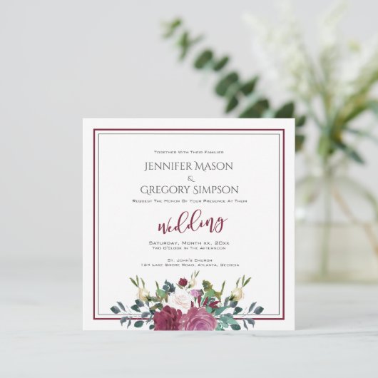 の水結婚色の白いバラとクランベリー 招待状 (スタンド正面)