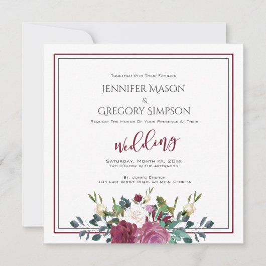 の水結婚色の白いバラとクランベリー 招待状 (正面)