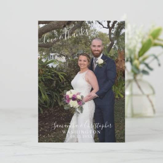 の水結婚色パープルラベンダーフローラスクリプト サンキューカード (スタンド正面)