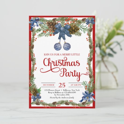 ～の水色ほこりっぽい青いクリスマスボールリボン 招待状 (スタンド正面)