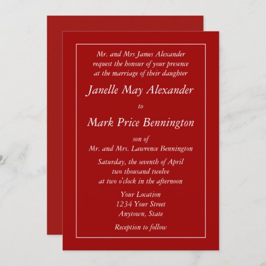 の濃カスタムい赤の招待状またはお知らせ 招待状 (正面/裏面)