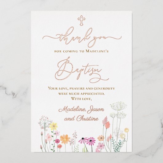 の為に感謝していは野花の来洗礼 箔招待状 (正面)