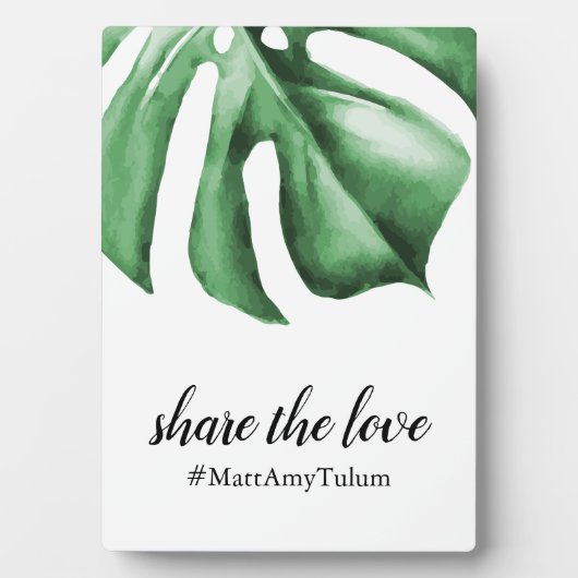 の熱帯リーフを使用したハッシュタグの結婚標識 フォトプラーク (正面)