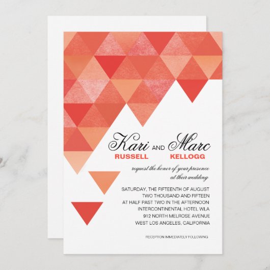 |の珊瑚のモモを結婚する幾何学的な三角形 招待状 (正面/裏面)
