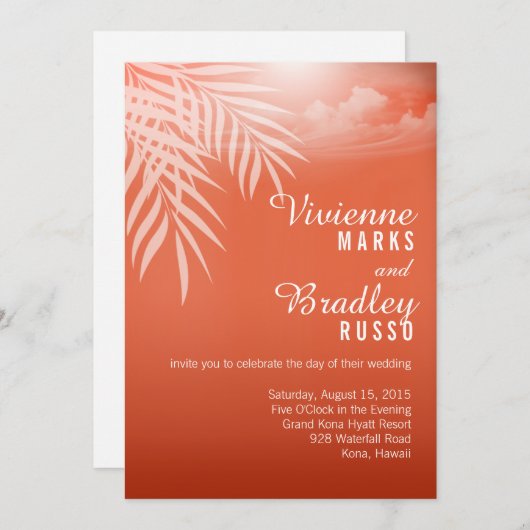 |の珊瑚を結婚するビーチのヤシの木のシルエット 招待状 (正面/裏面)