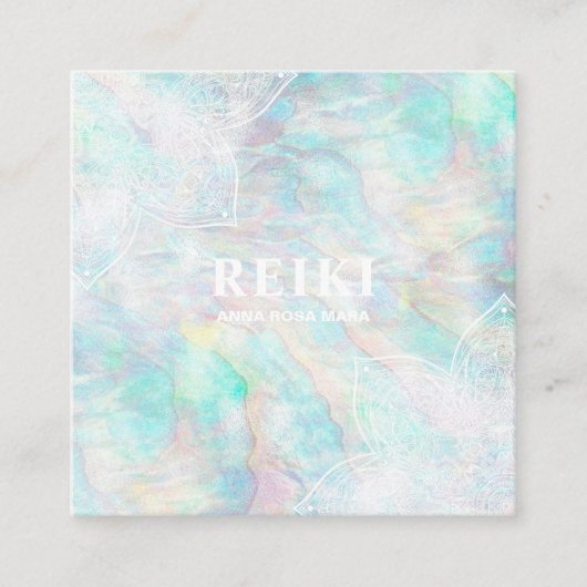 *~*の白いレースの曼荼羅のパステル調ピンクの黄色の青 スクエア名刺 (正面)