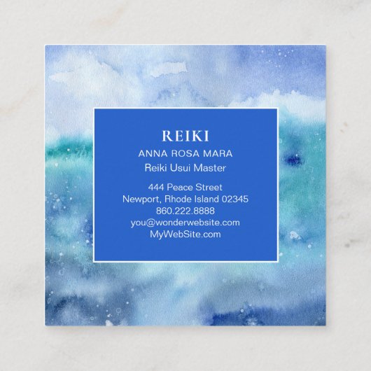 *~*の白いレースの曼荼羅の海のビーチの海の水彩画 スクエア名刺 (裏面)