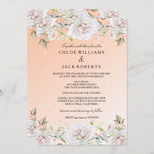 の白い結婚ピンクのコーラルローズブーケ 招待状 (正面/裏面)