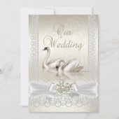 の白スワ結婚ンズクリームパールレースダマスク 招待状 (正面)