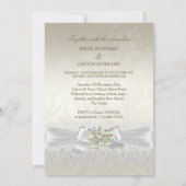 の白スワ結婚ンズクリームパールレースダマスク 招待状 (裏面)