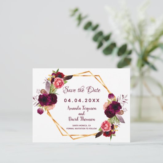 の白結婚いブルゴーニュの花模様は日付を保存する 案内ポストカード (スタンド正面)