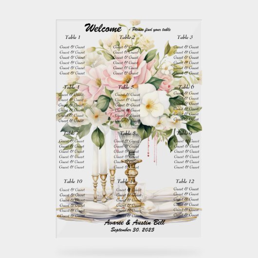 の白結婚とピンクのフローラ座席表 アクリルサイン (正面)
