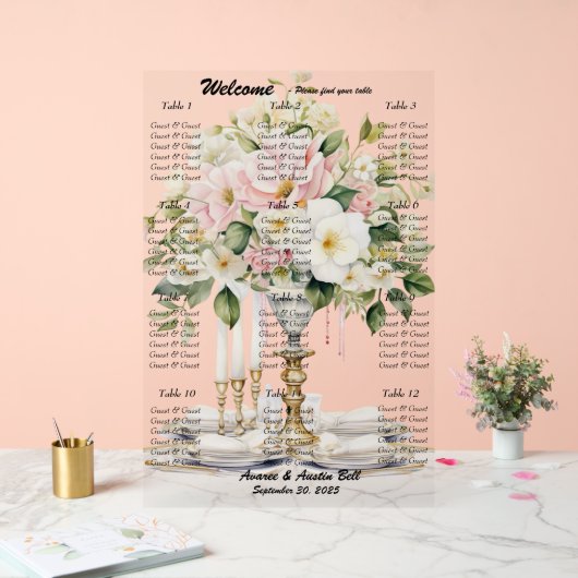 の白結婚とピンクのフローラ座席表 アクリルサイン (ウェディング)