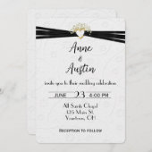 の白結婚エンボスフローラとハートリボン 招待状 (正面/裏面)