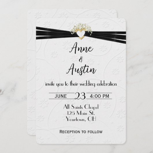 の白結婚エンボスフローラとハートリボン 招待状 (正面/裏面)