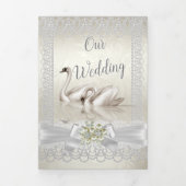 の白結婚スワンズクリームパールレースダマスク3 三つ折り招待状 (カバー)