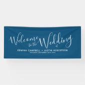 の白結婚ハートスクリプト文字ネイビー・ブルー・ウェルカム 横断幕 (横)