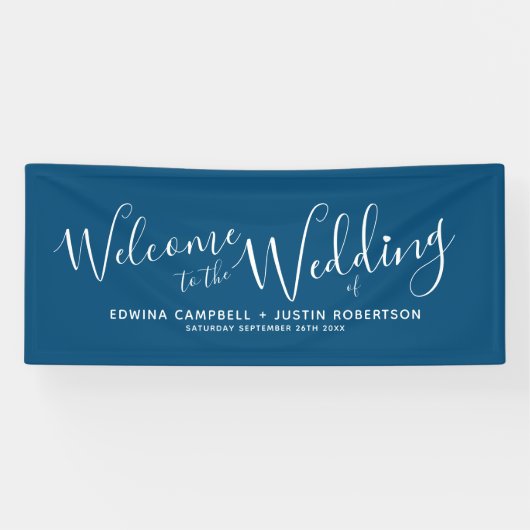 の白結婚ハートスクリプト文字ネイビー・ブルー・ウェルカム 横断幕 (横)