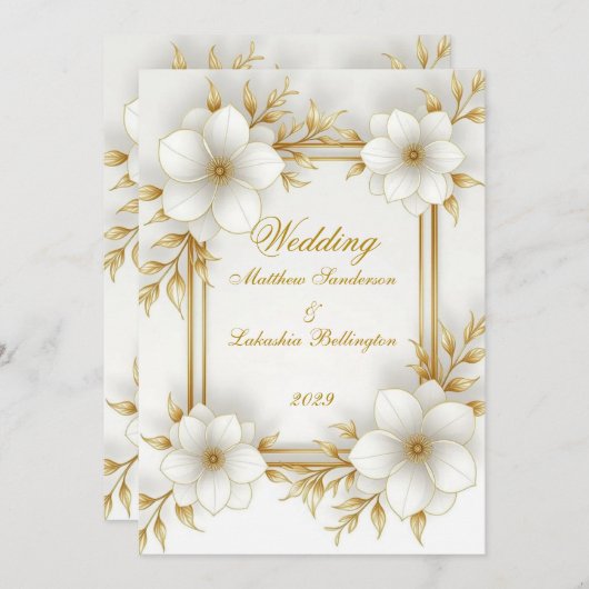 の白結婚金ゴールド美しく洗練さモダンれた 招待状 (正面/裏面)