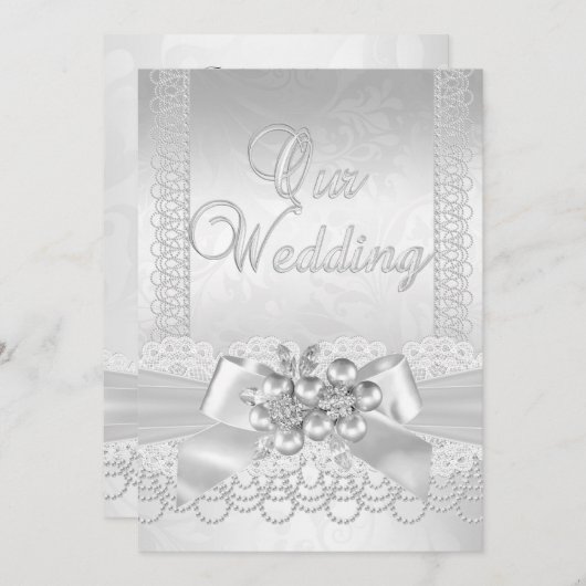 の白結婚銀パールレースダマスクダイヤモンド2 招待状 (正面/裏面)