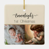 の祈小さな女の子エンジェルラディアントライトハローフォト セラミックオーナメント (裏面)