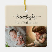 の祈小さな女の子エンジェルラディアントライトハローフォト セラミックオーナメント (正面)