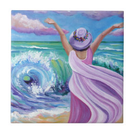 の祝ビーチセラミック瓦上の女性 タイル