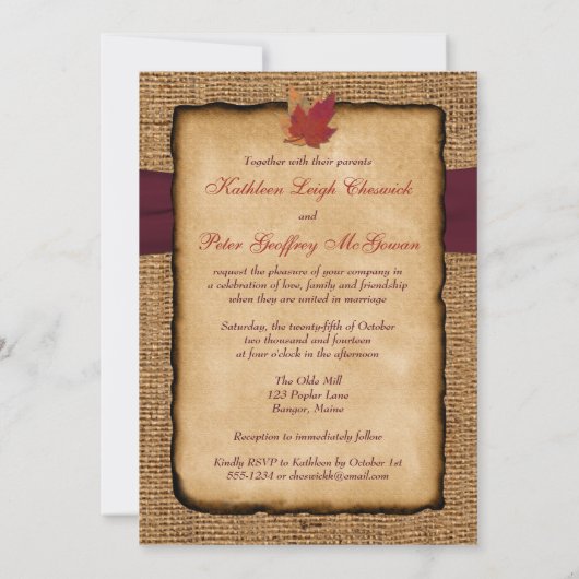 |の紅葉|のフェイクなバーラップ|のワインの結婚 招待状 (裏面)