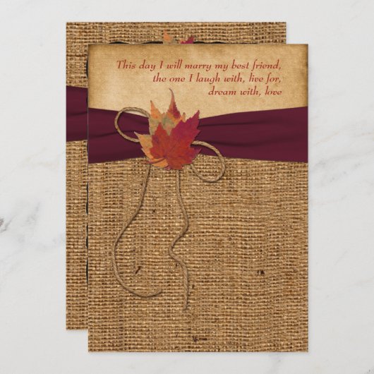 |の紅葉|のフェイクなバーラップ|のワインの結婚 招待状 (正面/裏面)