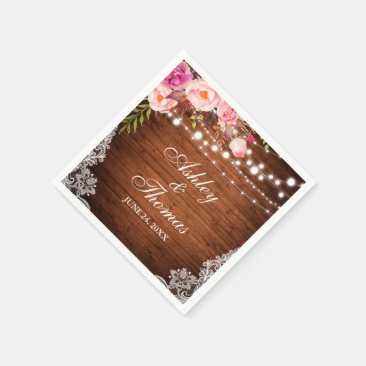 の素朴ウッドラ結婚イトピンクのフローラレース スタンダードカクテルナプキン (角)