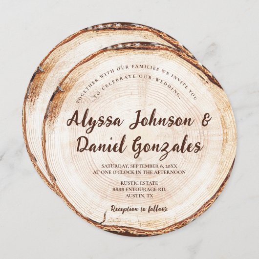 の素朴スクリプ結婚ト名Wood Cut slice disk 招待状 (正面/裏面)