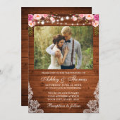 の素朴ピンクのフローラウッドライトレース写真 招待状 (正面/裏面)