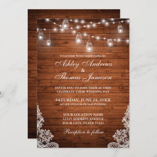 の素朴木の結婚瓶の弦のライトレース 招待状 (正面/裏面)