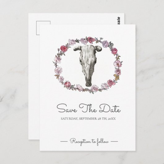 の素朴牛のスカルピンクのバラは日付を保存 ポストカード (正面/裏面)