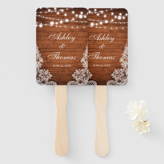 の素朴結婚ウッドストリング照明レース ハンドファン (正面&裏面)