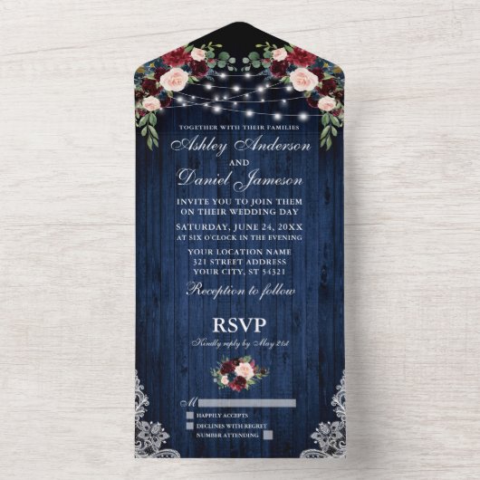 の素朴結婚フローラブルーウッドライトレース オールインワン招待状 (内側)