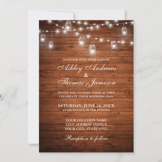 の素朴結婚木製の瓶の弦のライト 招待状 (正面)