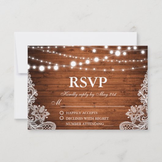 の素朴結婚木製ストリングライトラースRSVP 出欠カード (正面)