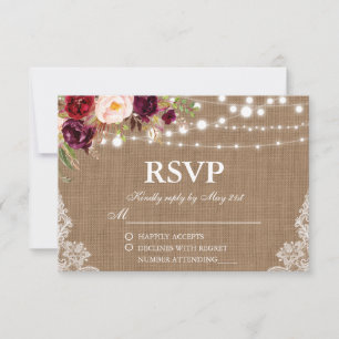 の素朴結婚Burlap Lights LaceフローラRSVPカード 出欠カード