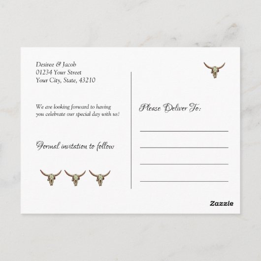 の素朴西結婚のブルスカルは日付を保存 ポストカード (裏面)