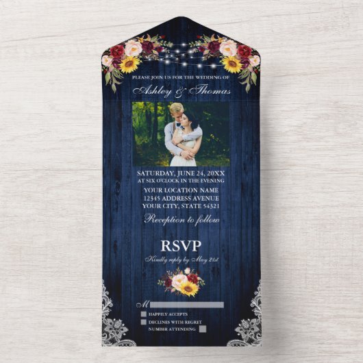 の素朴青い木結婚材のフローラライトレース写真 オールインワン招待状 (内側)