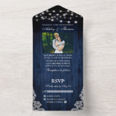 の素朴青結婚い木の弦のライトレース写真 オールインワン招待状 (内側)