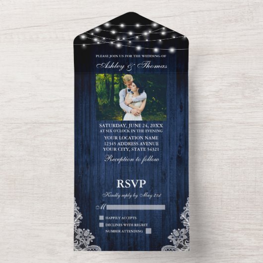 の素朴青結婚い木の弦のライトレース写真 オールインワン招待状 (内側)