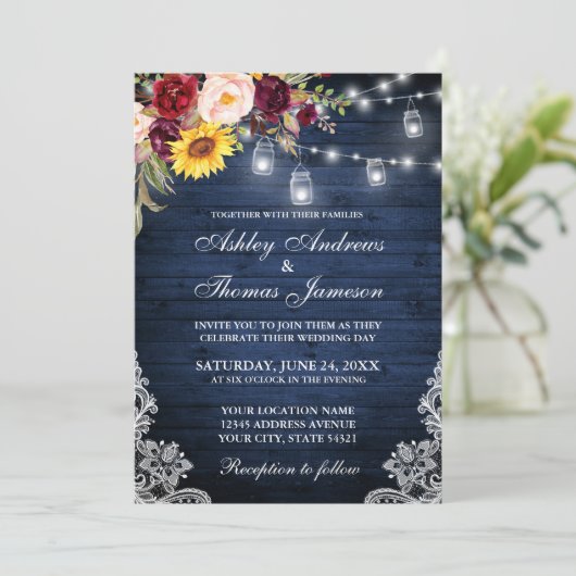 の素朴青結婚木のジャース照明レースフローラ 招待状 (スタンド正面)