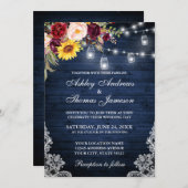 の素朴青結婚木のジャース照明レースフローラ 招待状 (正面/裏面)