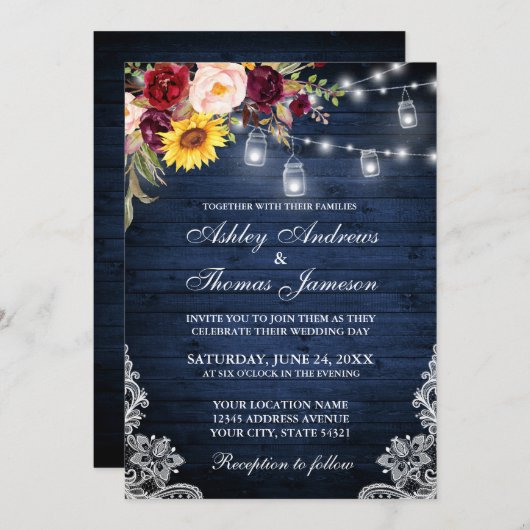 の素朴青結婚木のジャース照明レースフローラ 招待状 (正面/裏面)