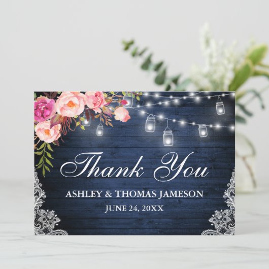 の素朴青結婚木ピンクのフローラジャイルライト サンキューカード (スタンド正面)